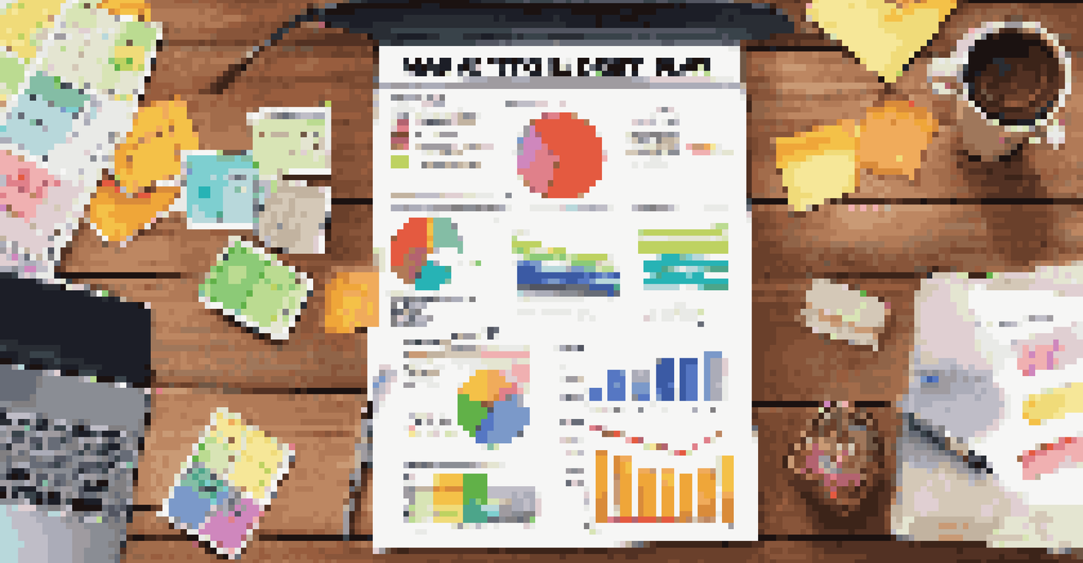 An overhead view of a marketing budget plan on a wooden desk with a laptop and colorful charts.