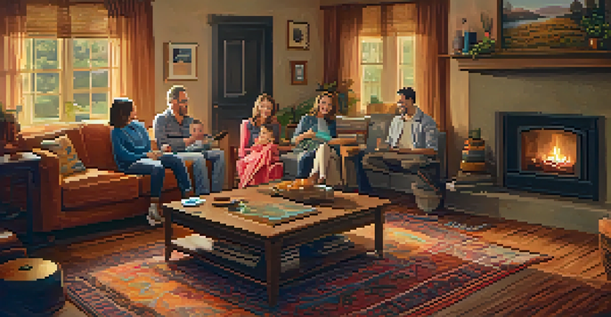 A cozy living room filled with family members of different generations sharing music and laughter around a vintage record player.