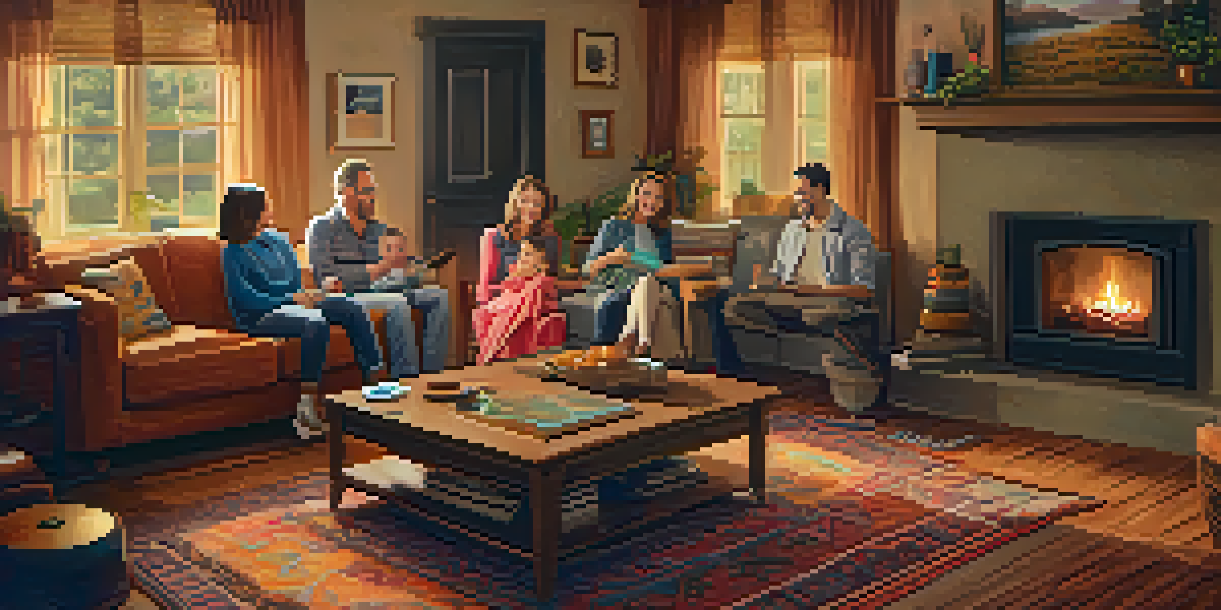 A cozy living room filled with family members of different generations sharing music and laughter around a vintage record player.