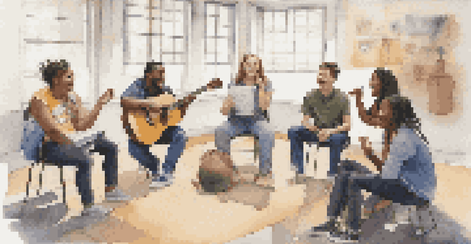 Students in a circle discussing answers to a music trivia quiz, with instruments in the background, showing their enthusiasm and teamwork.