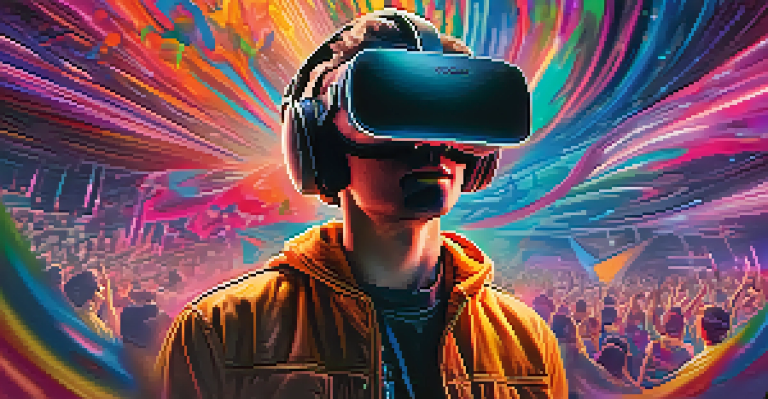 An artist performing in a virtual reality setting, surrounded by vibrant visual effects and an engaged audience.