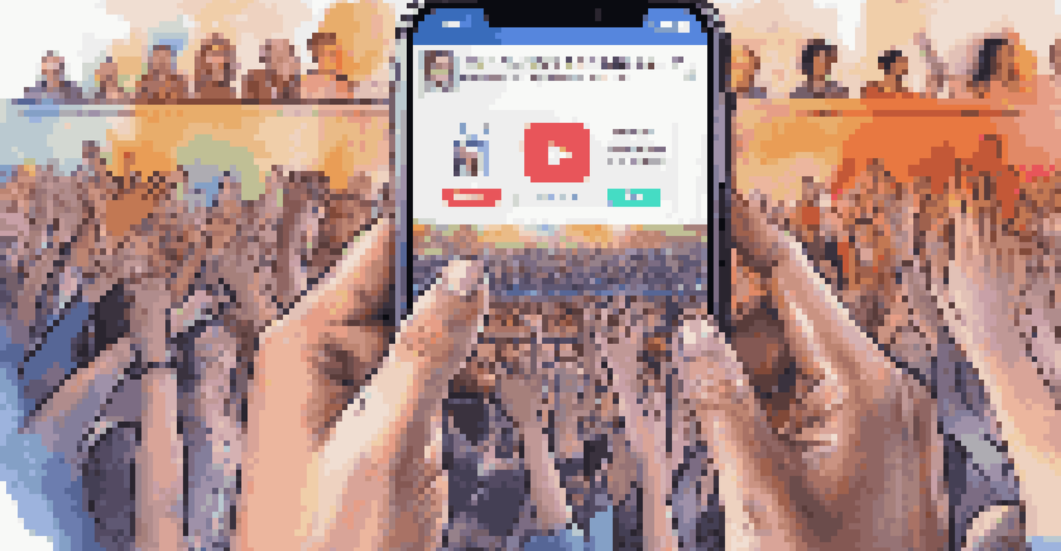 Close-up of hands holding a smartphone displaying a live stream of a music performance with a blurred background of fans.