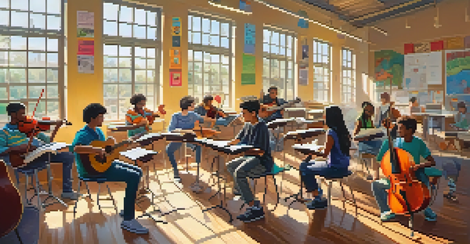 A diverse group of students in a colorful classroom collaborating on a music project with various instruments around them.
