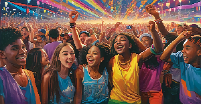 A diverse group of teenagers enjoying a music festival, surrounded by colorful lights and a lively crowd, symbolizing the connection between music and youth identity.