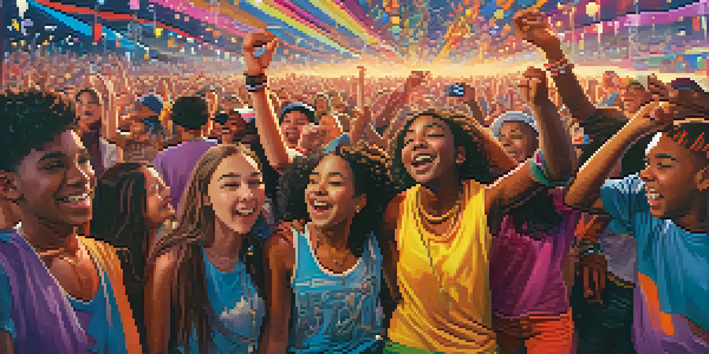 A diverse group of teenagers enjoying a music festival, surrounded by colorful lights and a lively crowd, symbolizing the connection between music and youth identity.