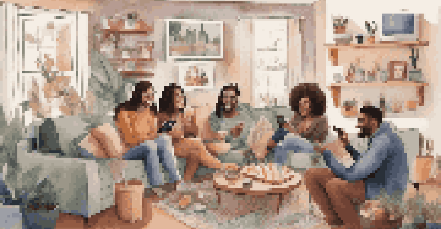 Friends gathered in a cozy living room celebrating a virtual album release party, enjoying snacks and drinks while watching a live event.