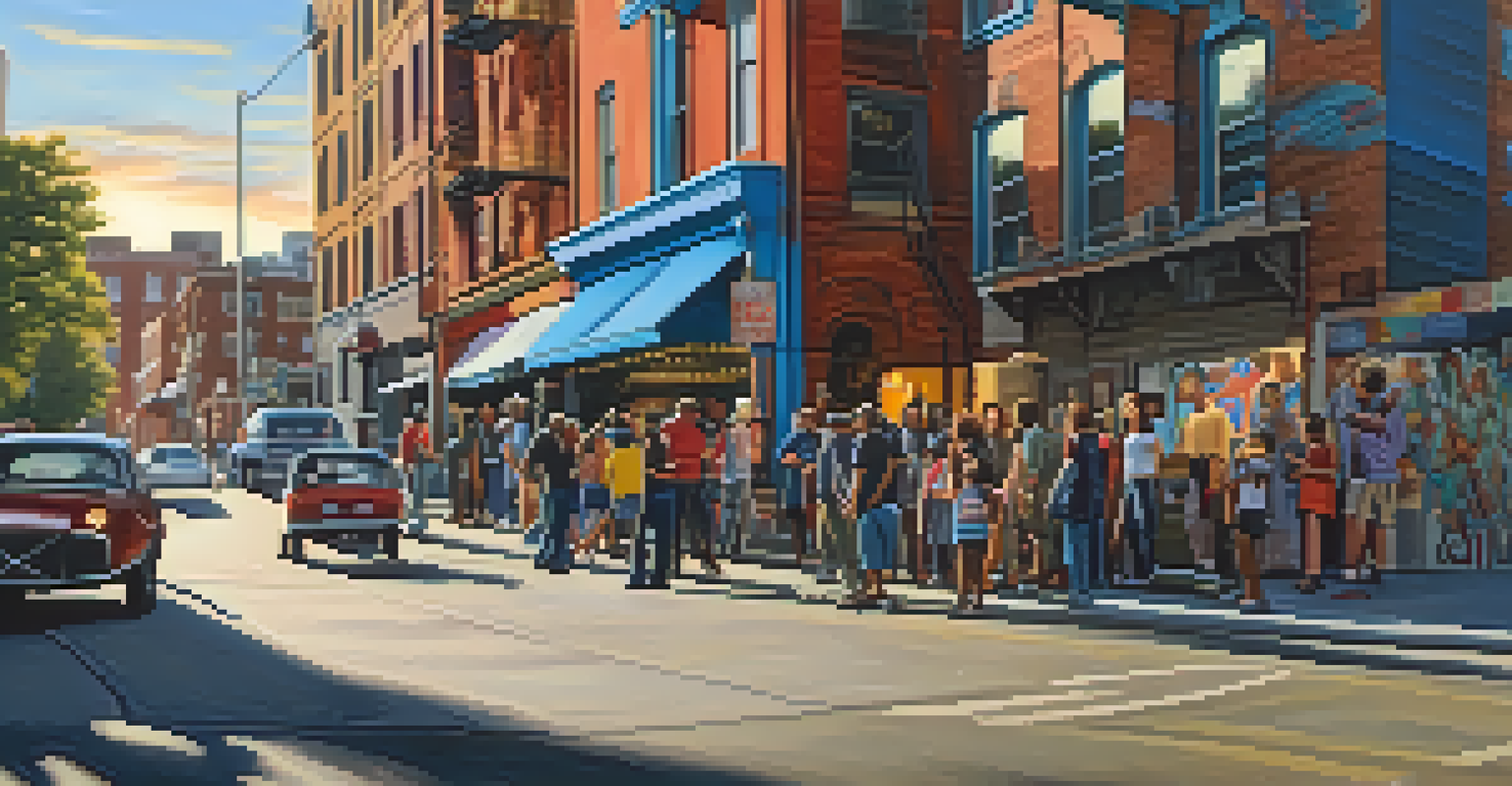 A lively urban street with colorful graffiti and a local musician playing the saxophone, surrounded by engaged pedestrians enjoying the music.