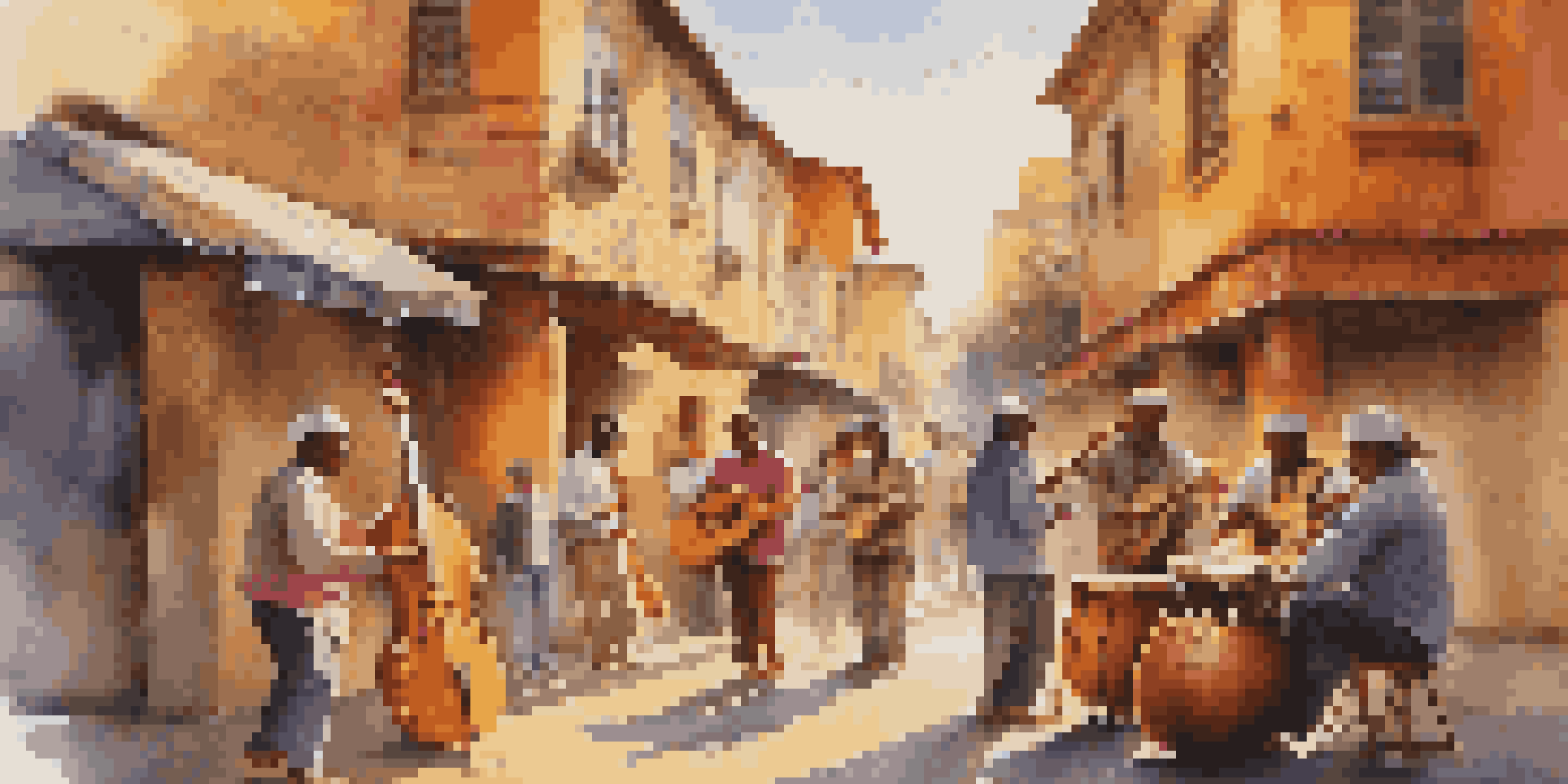 A lively street scene showing musicians with traditional instruments amidst colorful murals, illuminated by warm sunlight.