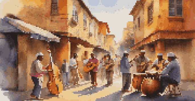A lively street scene showing musicians with traditional instruments amidst colorful murals, illuminated by warm sunlight.