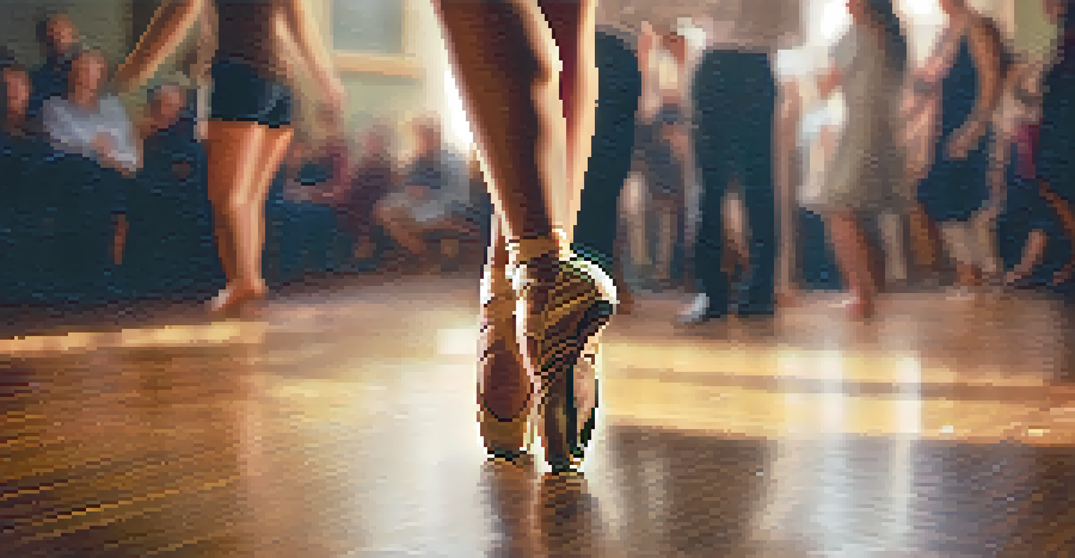 Close-up of a dancer's feet in motion on a wooden floor, with blurred figures of other participants in the background.