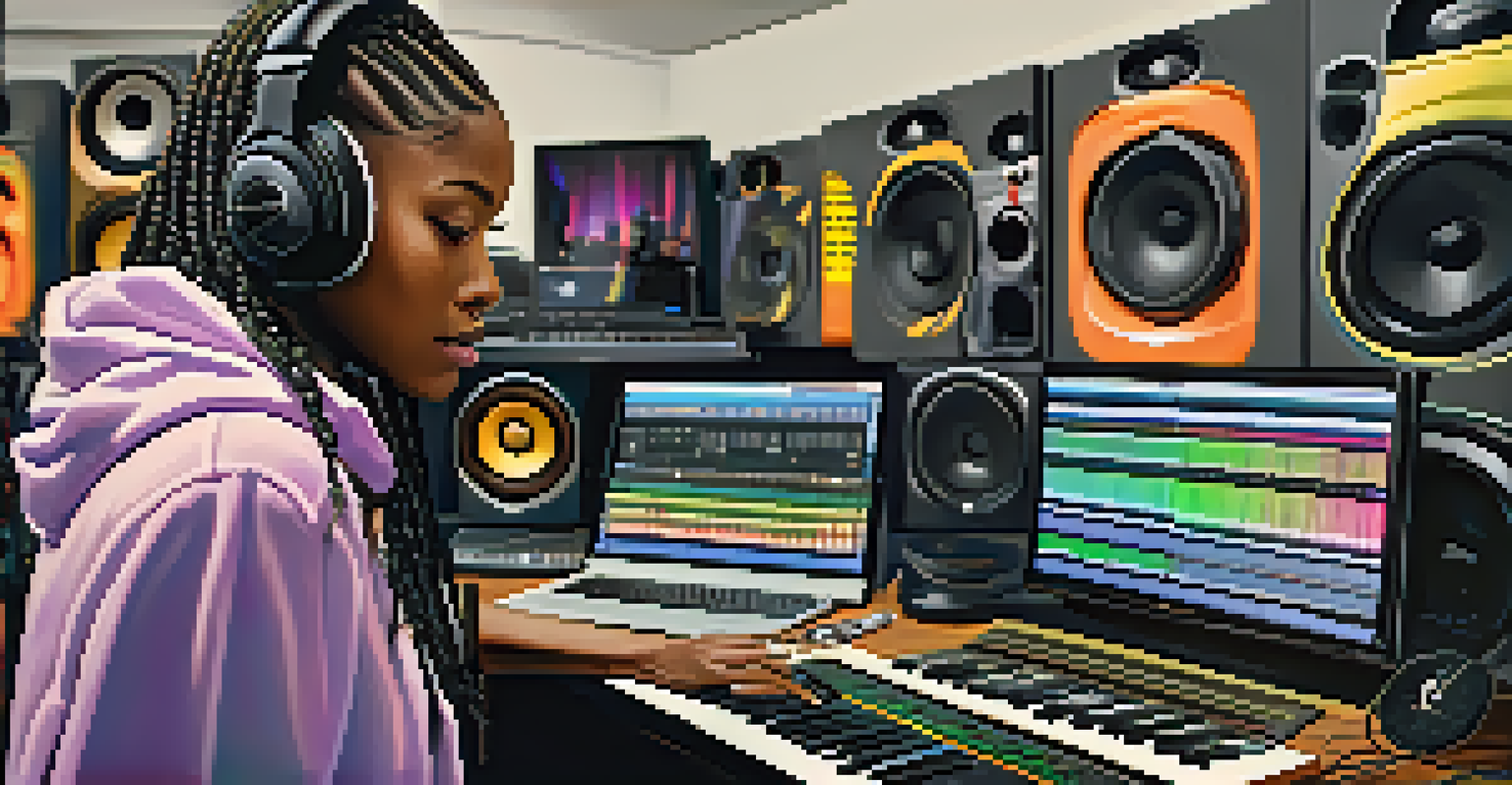 A hip-hop producer in a modern studio with digital audio workstations, creating music surrounded by colorful sound waves.