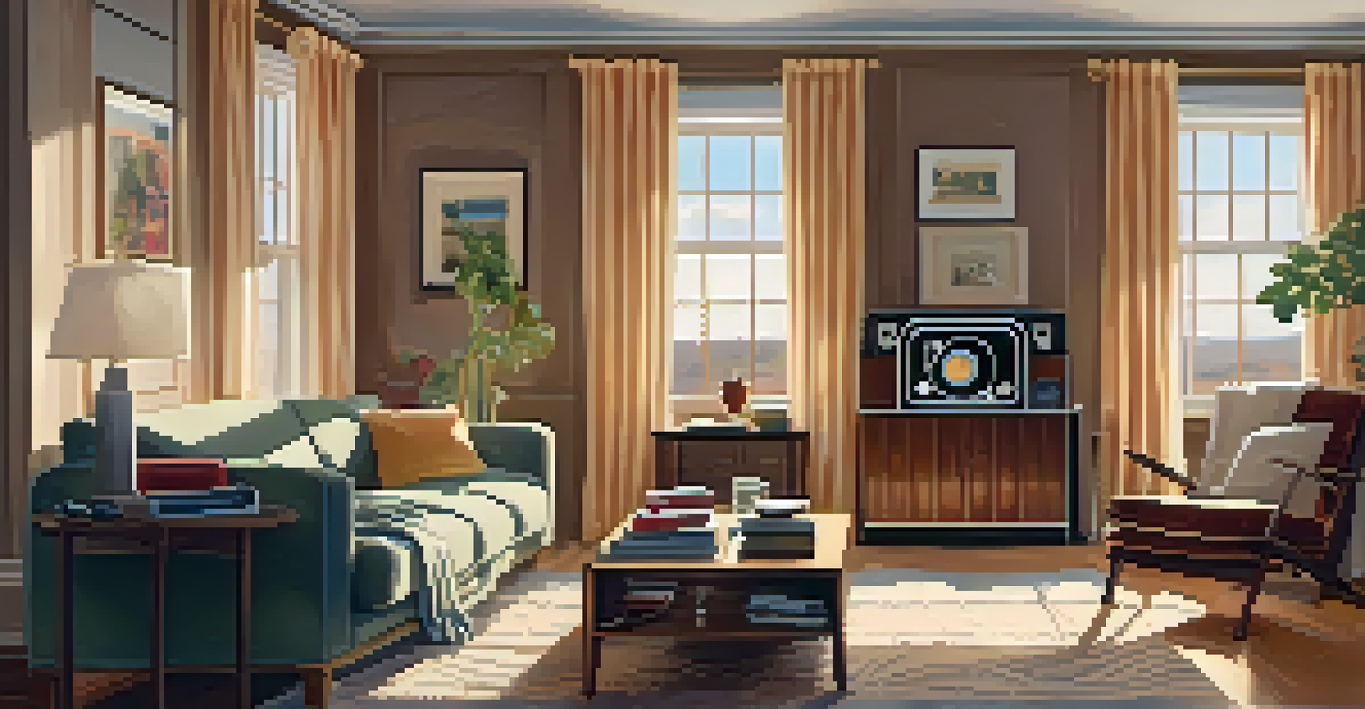 A cozy living room with a record player, warm lighting, family photos, and a comfortable armchair by the window.