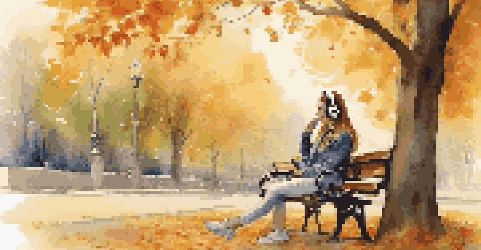 A young woman listening to music on a park bench surrounded by autumn foliage.