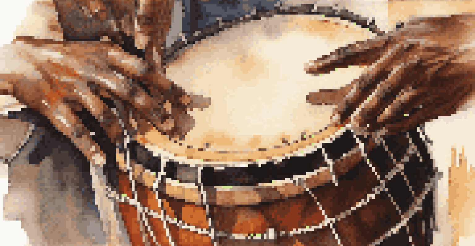 A close-up of hands playing an African drum, with blurred musicians in the background, showcasing cultural exchange in music.