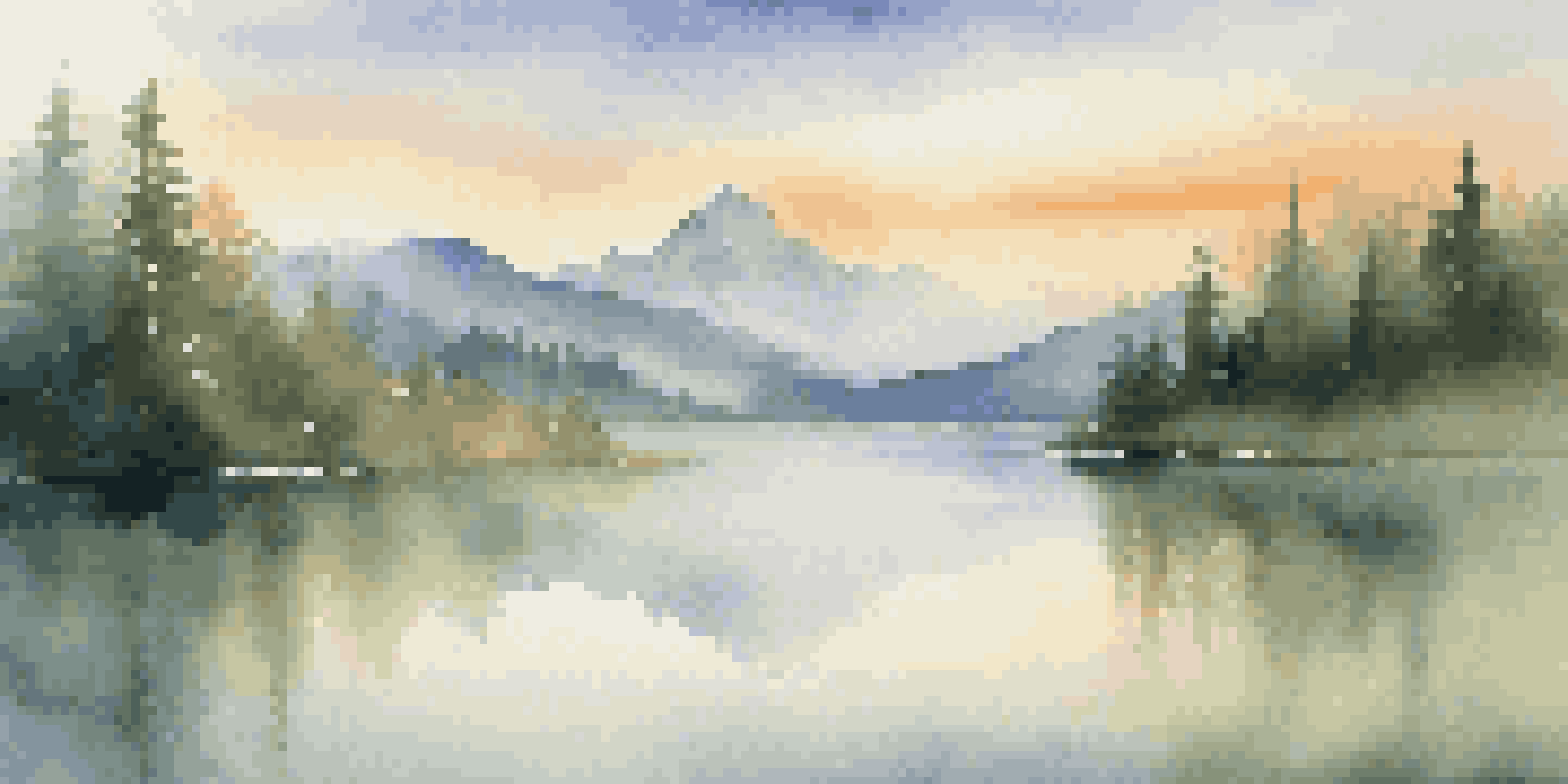 A beautiful mountain range at sunrise, with golden light, green forests, and a calm lake reflecting the sky.