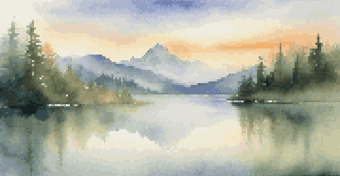 A beautiful mountain range at sunrise, with golden light, green forests, and a calm lake reflecting the sky.