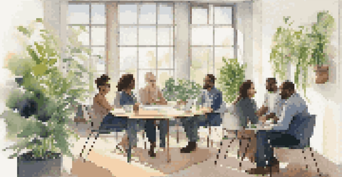 A diverse group of individuals in an office setting discussing performance anxiety, displaying supportive body language and expressions of empathy.