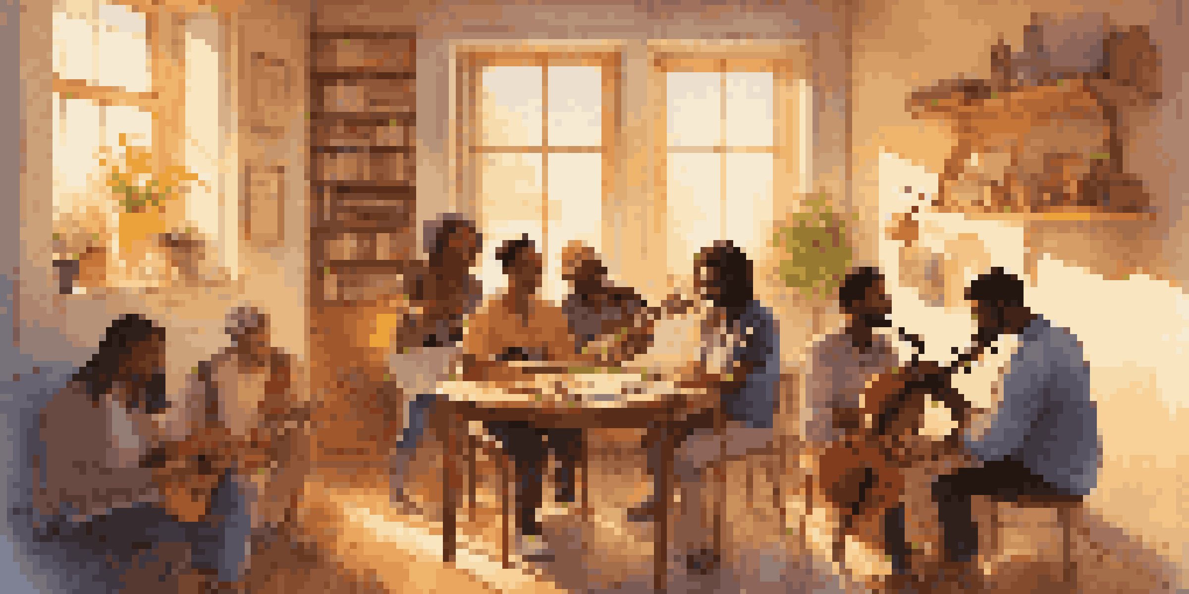 A group of diverse musicians collaborating in a sunlit room, sharing ideas and playing instruments with sheets of music around.