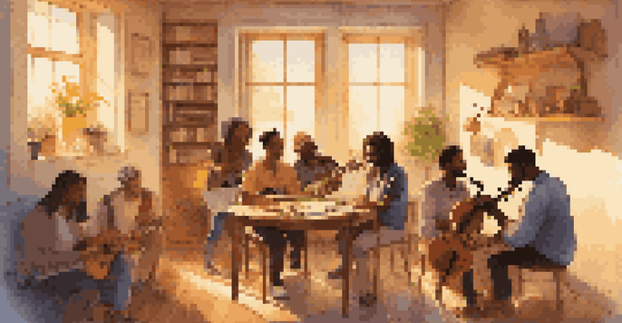 A group of diverse musicians collaborating in a sunlit room, sharing ideas and playing instruments with sheets of music around.