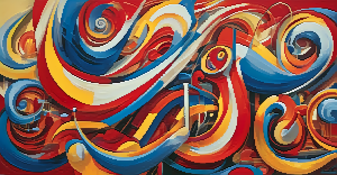An abstract painting showcasing swirling colors that represent music, with bold reds, blues, and yellows blended together.