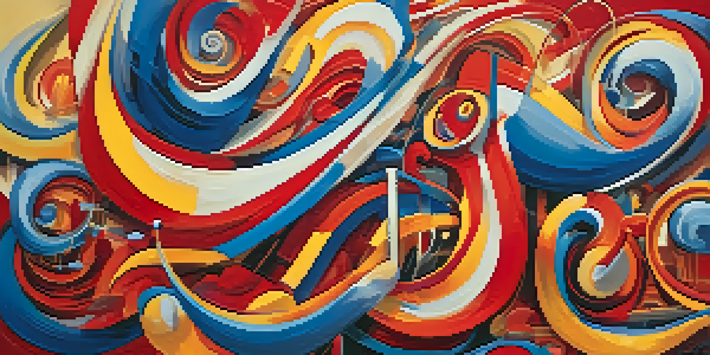 An abstract painting showcasing swirling colors that represent music, with bold reds, blues, and yellows blended together.