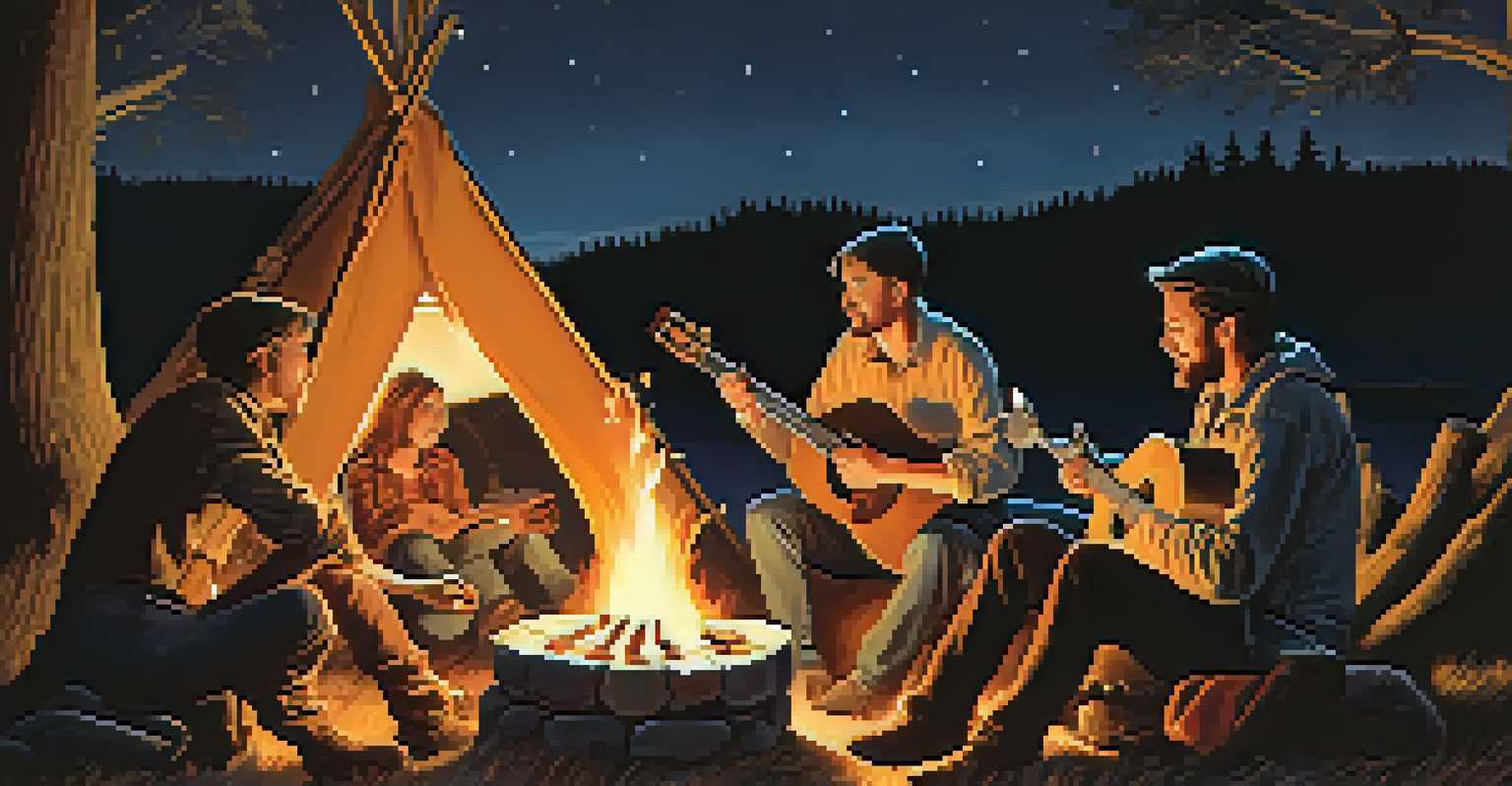Friends gathered around a campfire, singing folk songs with musical instruments nearby under a starry night sky.