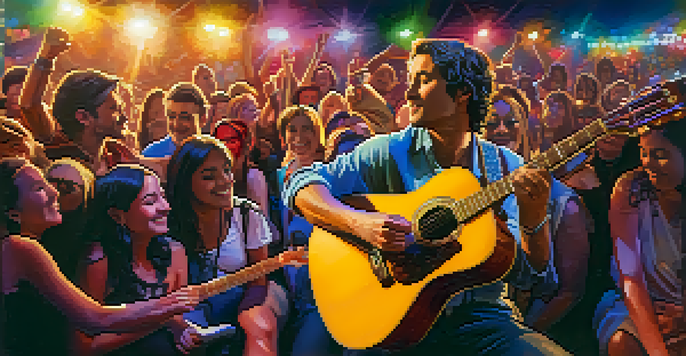 A musician playing an acoustic guitar on a brightly lit stage with an enthusiastic audience.