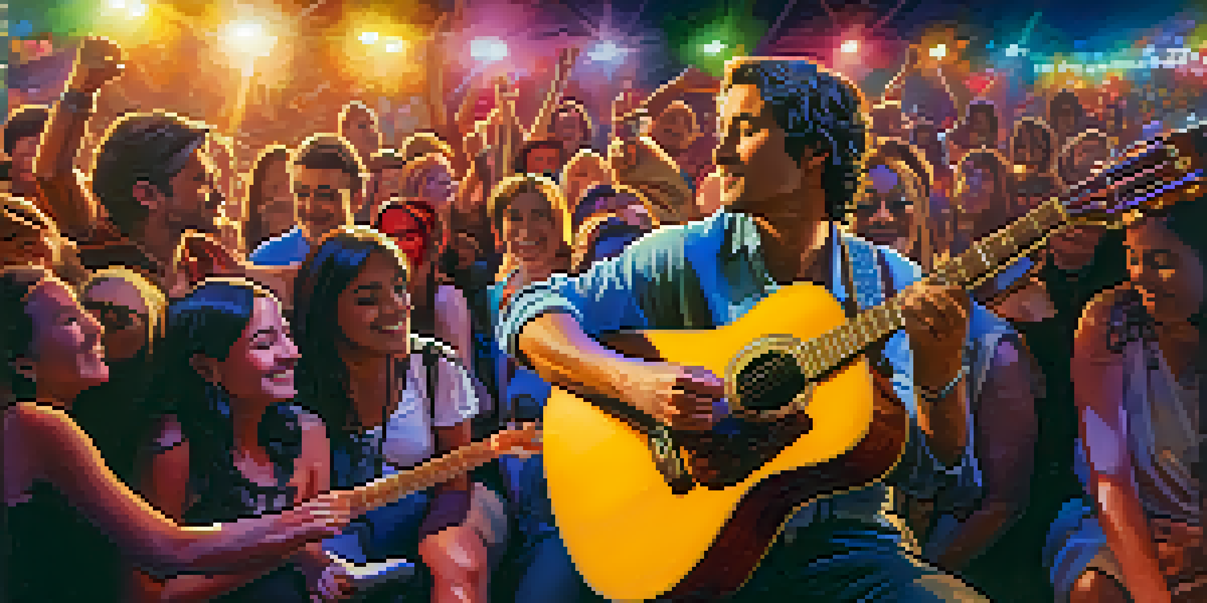 A musician playing an acoustic guitar on a brightly lit stage with an enthusiastic audience.