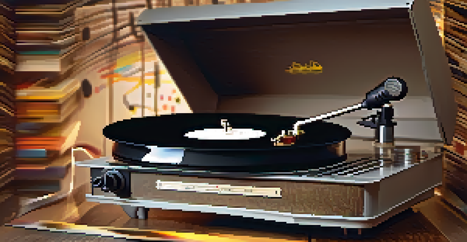 A close-up of a vinyl record player with a spinning record and musical notes in a warm-lit setting.