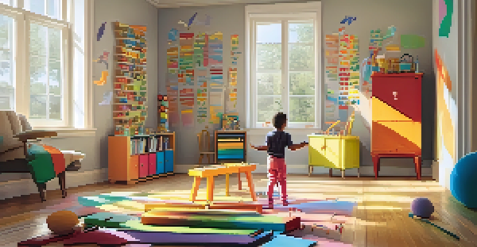 A child joyfully playing a xylophone in a bright living room filled with sunlight and children's artwork.