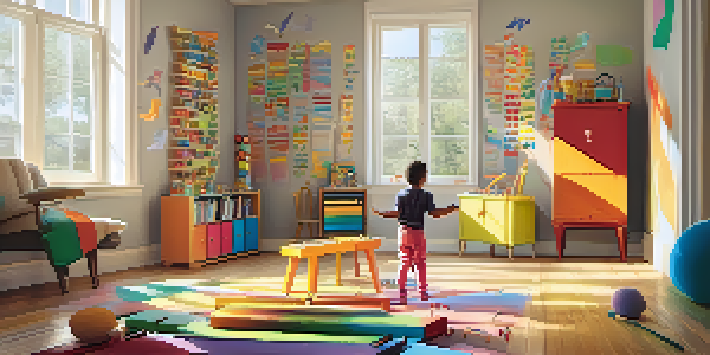 A child joyfully playing a xylophone in a bright living room filled with sunlight and children's artwork.