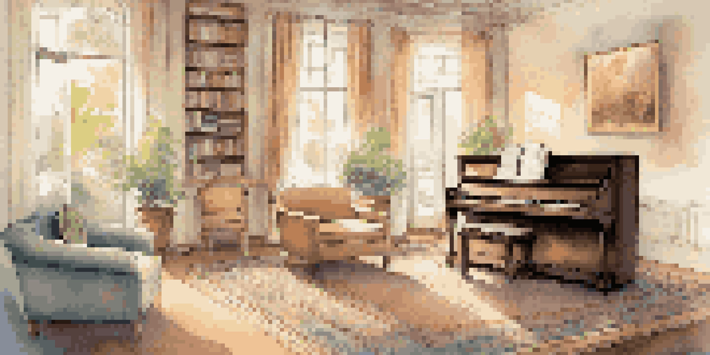 A peaceful music therapy room with a piano, guitar, and comfortable seating, illuminated by soft sunlight.