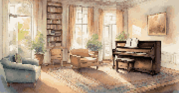 A peaceful music therapy room with a piano, guitar, and comfortable seating, illuminated by soft sunlight.