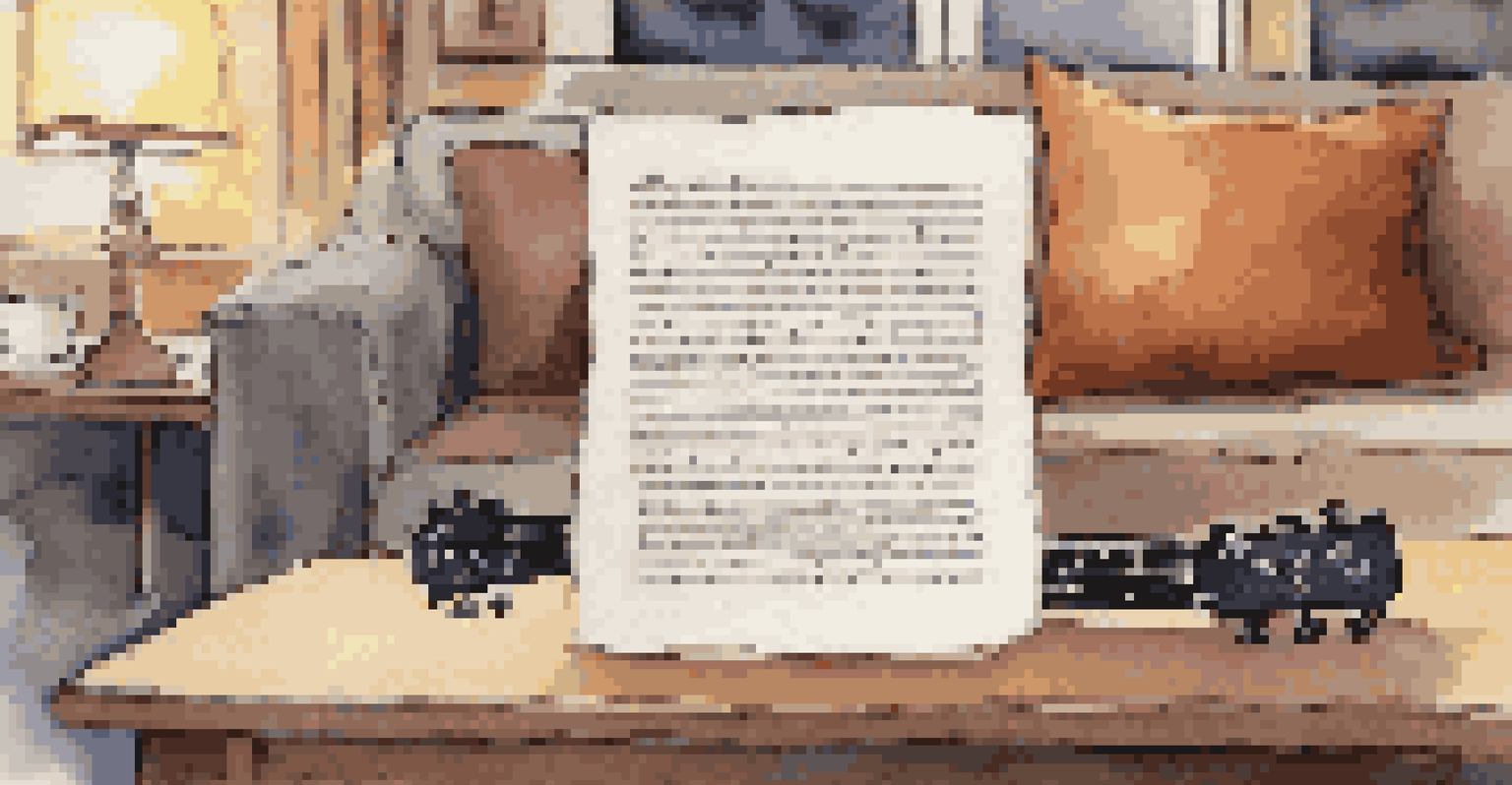 Close-up of a handwritten song lyric sheet on a guitar in a cozy living room setting with soft lighting.
