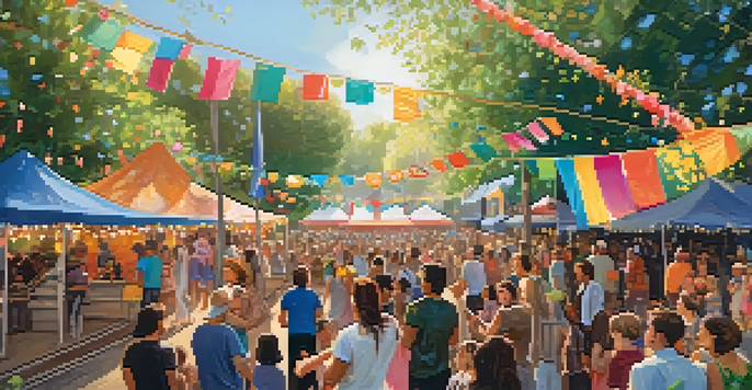 A lively community festival with a diverse audience dancing and enjoying live music under colorful banners and string lights.