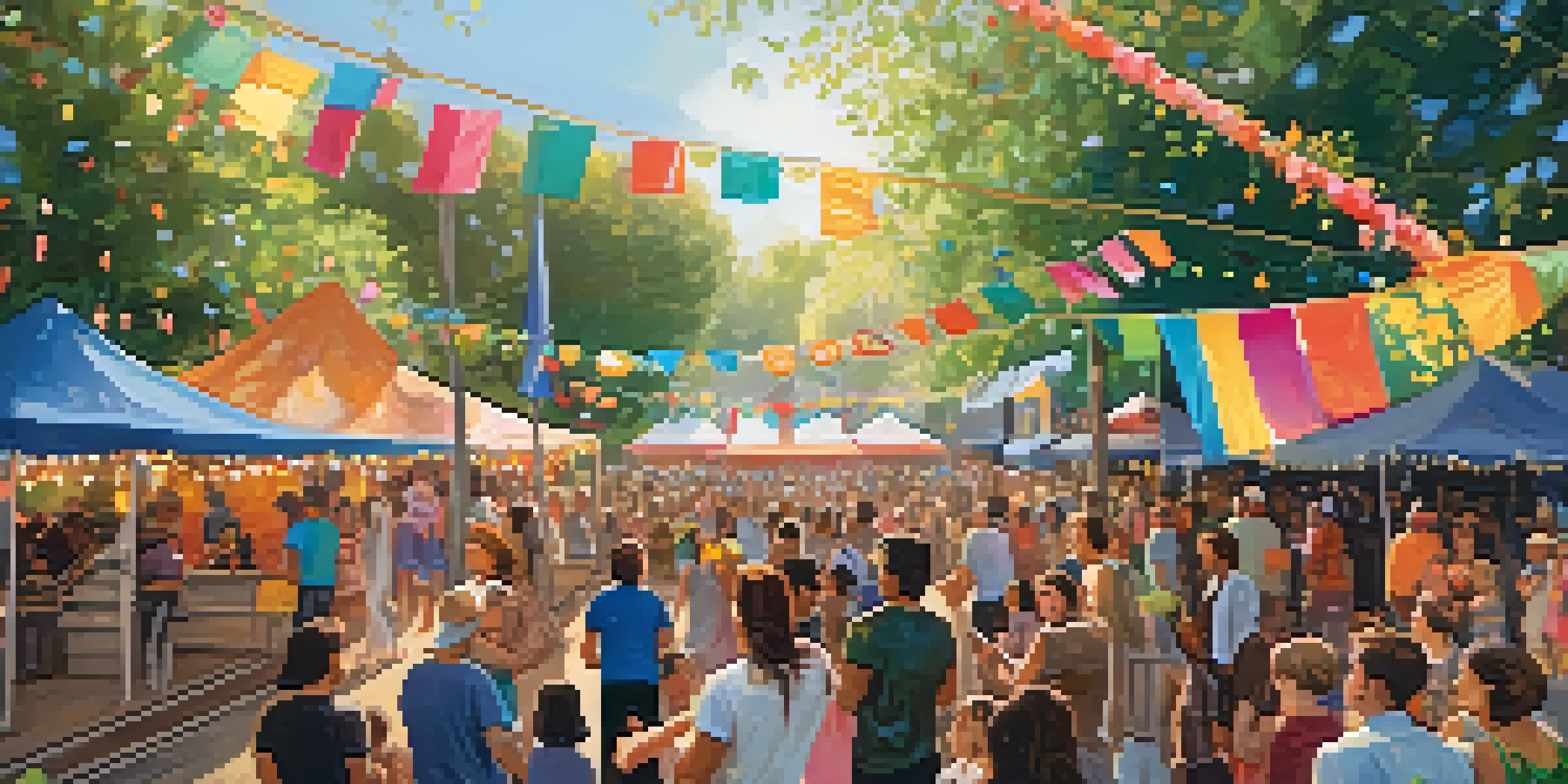 A lively community festival with a diverse audience dancing and enjoying live music under colorful banners and string lights.