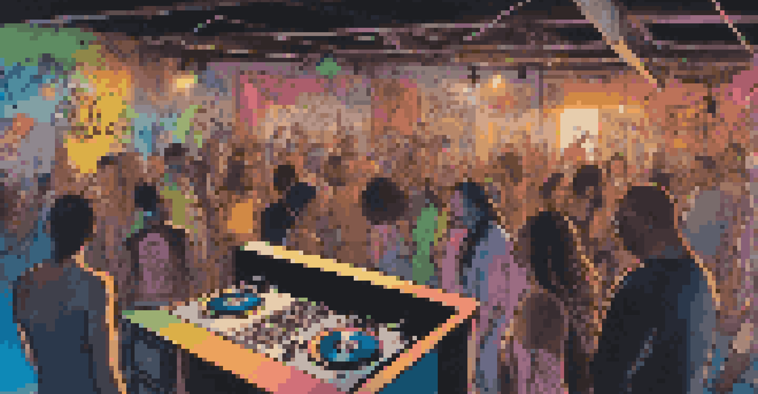 An underground rave with people dancing, graffiti art, and a DJ performing on stage.