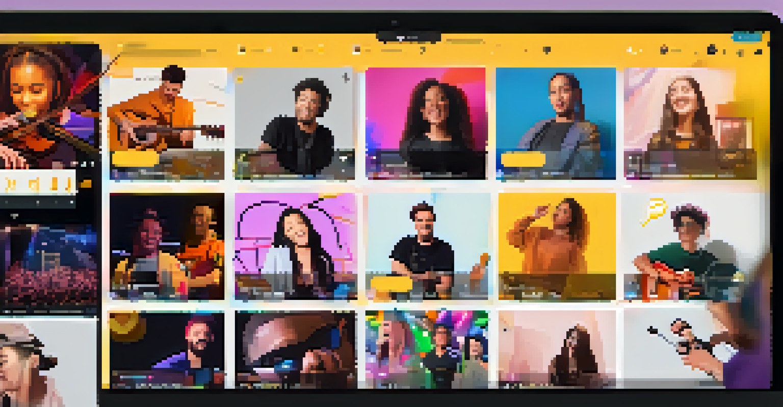 A virtual music performance event with multiple musicians performing live, surrounded by an enthusiastic online audience reacting with emojis and comments.