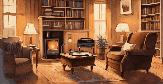A vintage vinyl record player in a cozy living room, with warm lighting and plush armchairs, creating a nostalgic atmosphere.