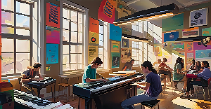 A lively classroom with students actively participating in music production, using laptops and instruments, with sunlight illuminating the creative environment.