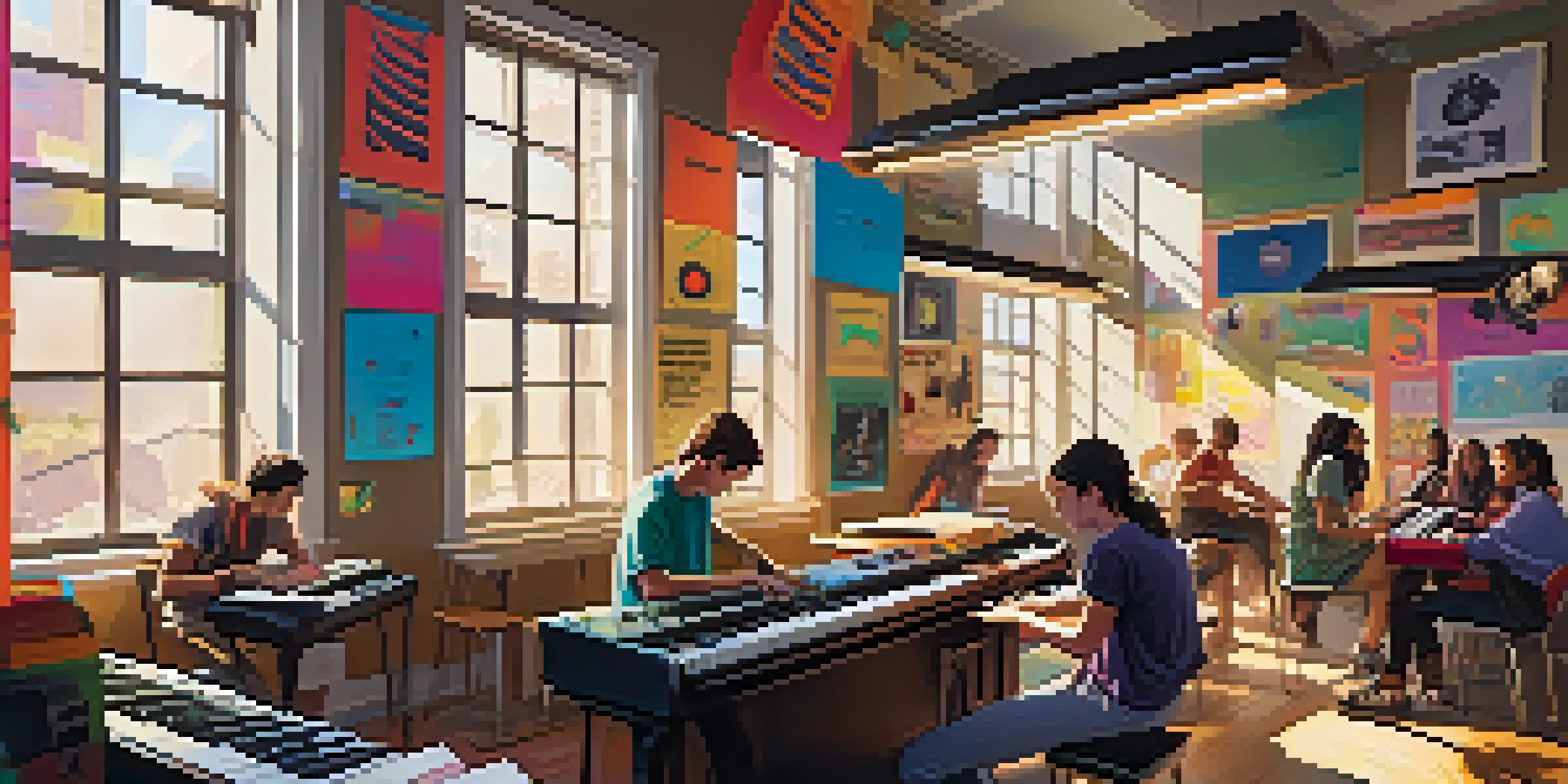 A lively classroom with students actively participating in music production, using laptops and instruments, with sunlight illuminating the creative environment.