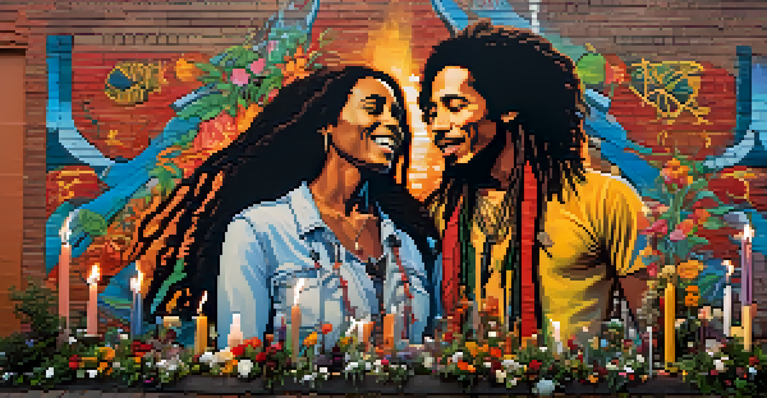 A colorful mural of historical musicians known for their resistance, with flowers and candles around it symbolizing hope.