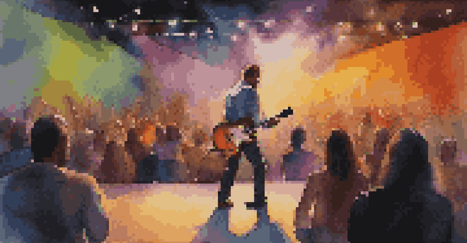 An artist on stage with a guitar, smiling and engaging with an enthusiastic audience, surrounded by colorful lights.