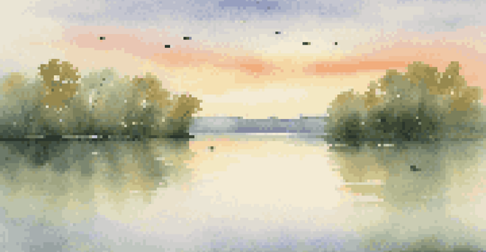 A peaceful lake at sunrise surrounded by green trees, reflecting soft colors in the water.