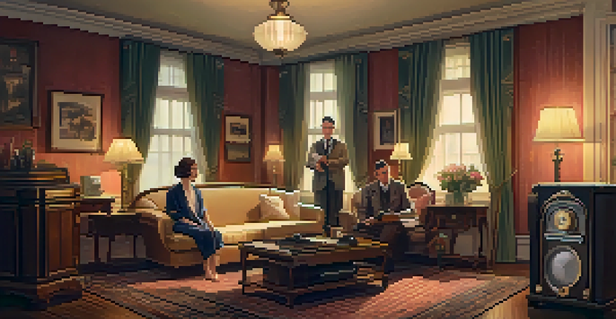 A vintage 1920s living room with a family listening to a radio, surrounded by warm lighting and period furniture.