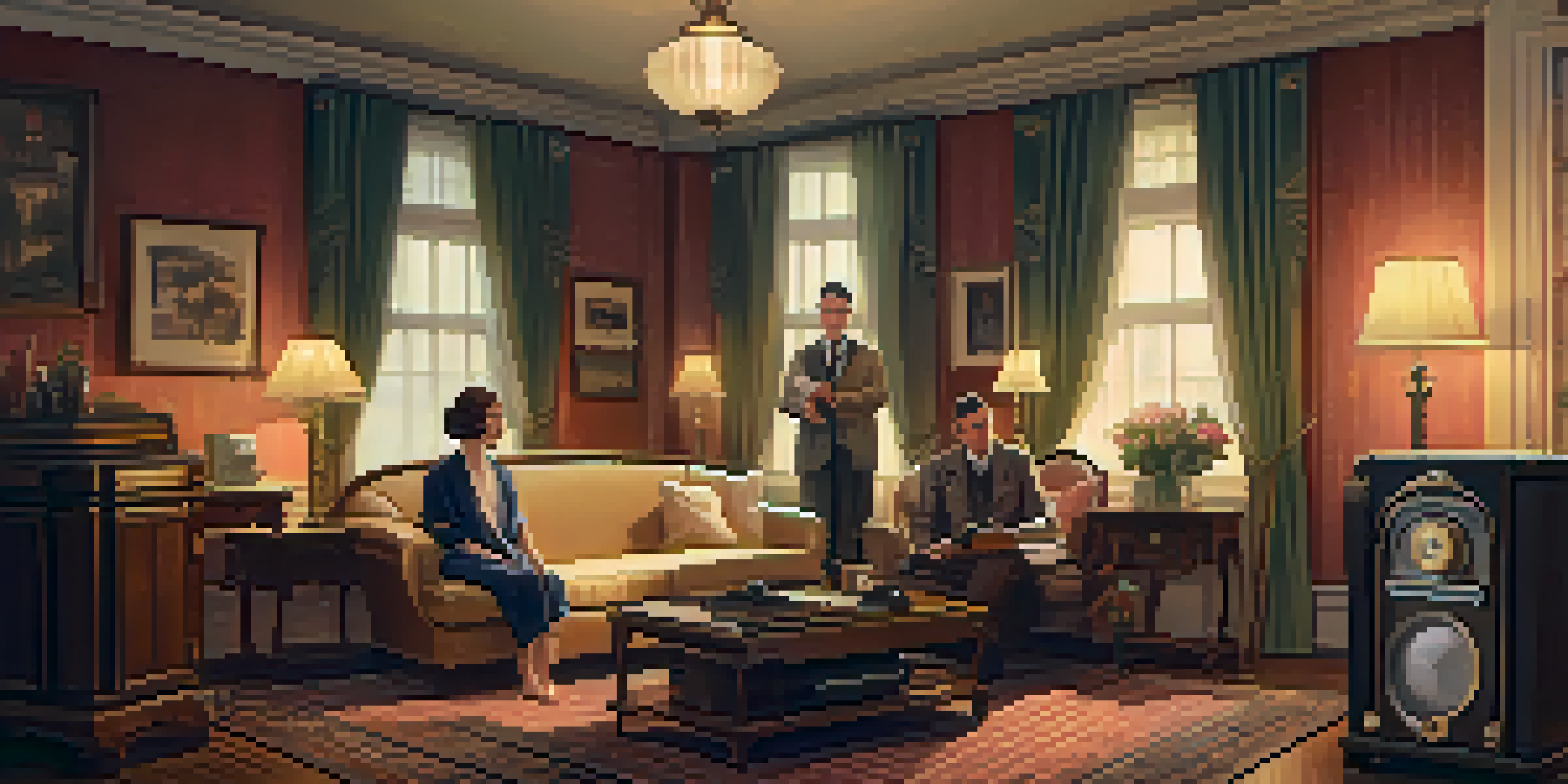 A vintage 1920s living room with a family listening to a radio, surrounded by warm lighting and period furniture.