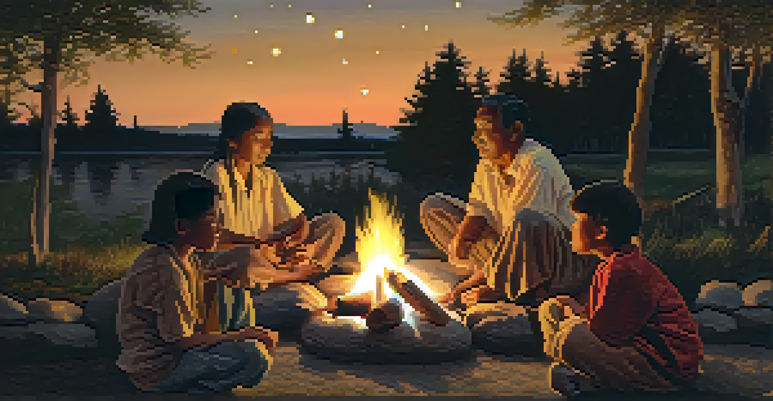 An elder teaching children traditional songs around a campfire at dusk, with warm firelight illuminating their faces, surrounded by trees under a starry sky.