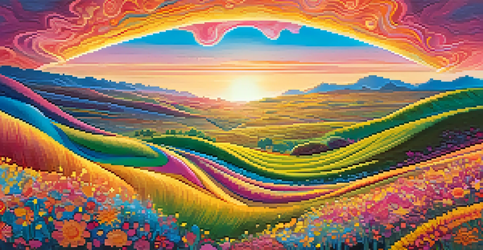 A colorful, surreal landscape with flowers, rolling hills, and a whimsical sky filled with musical note-shaped clouds.