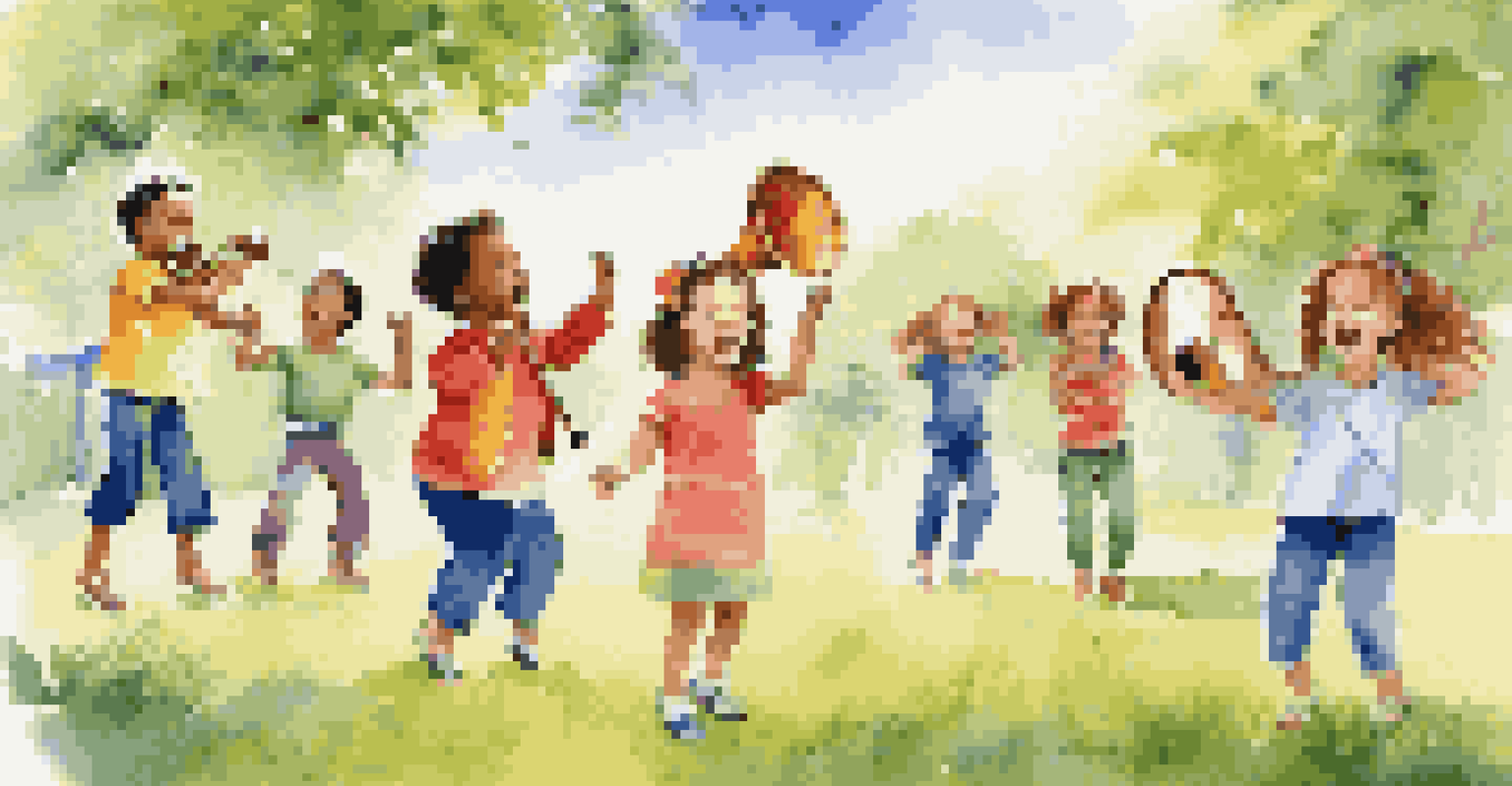 Children joyfully dancing and acting out a song in a park, with some holding musical instruments, surrounded by green grass and trees under a blue sky.