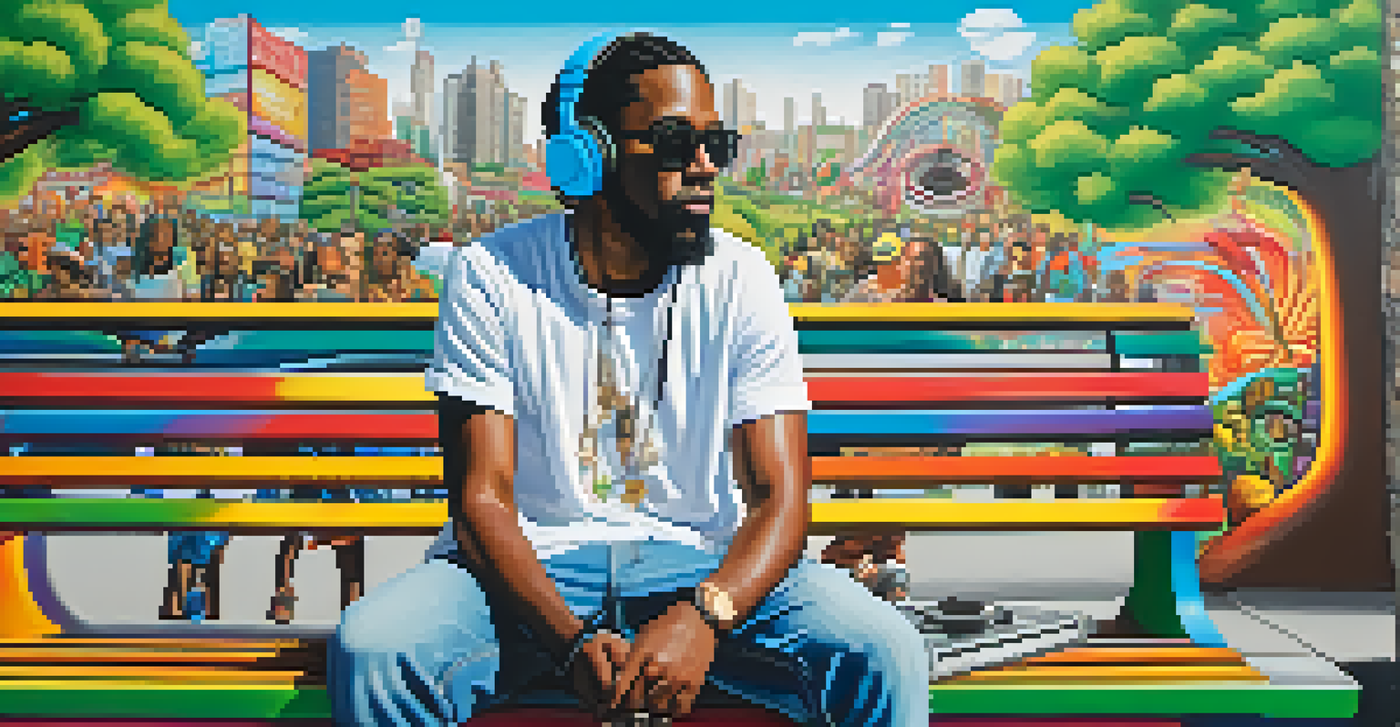 A person on a park bench wearing headphones, gazing at a vibrant mural showcasing various music genres and cultural symbols, surrounded by trees and blue sky.